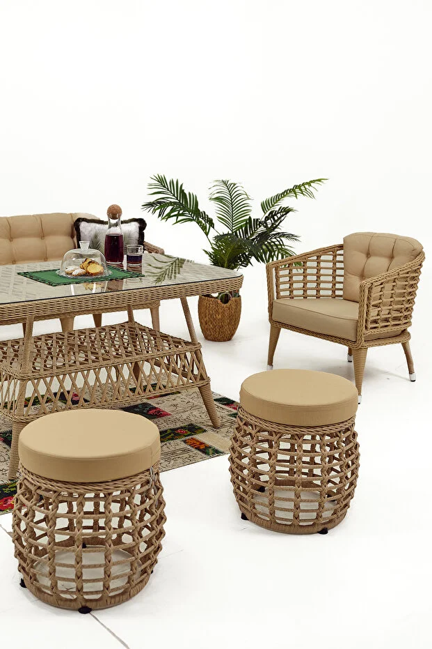 Linda Rattan Bahçe Balkon Oturma Grubu (3 1 1 Masa 2 Puf )